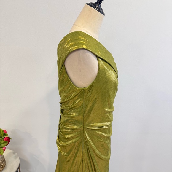 mac duggal apple green dress Green Metallic Pleated Gown With 3D Flower